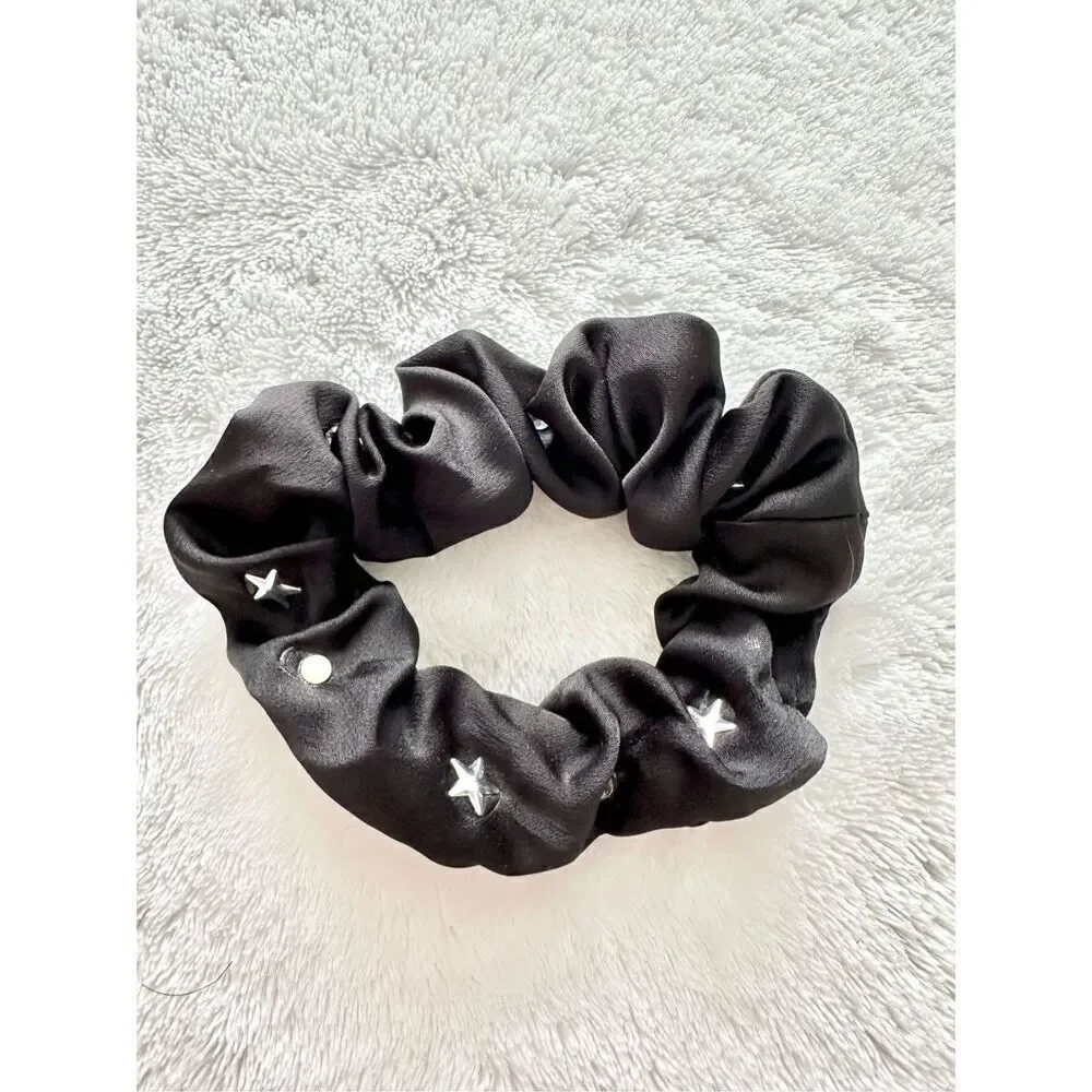 Black color satin hair scrunchie with pearls and silver stars